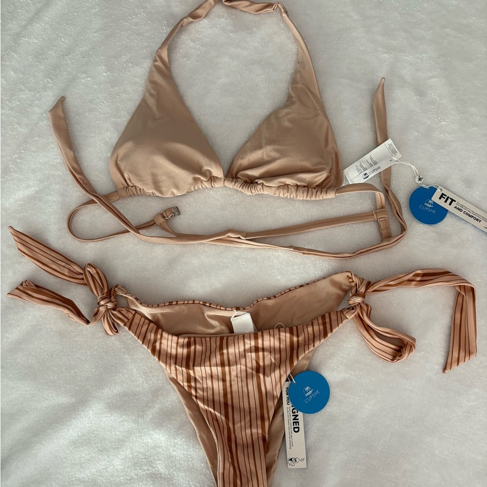 Cupshe Pink and Tan Striped Bikini Set, new with tags